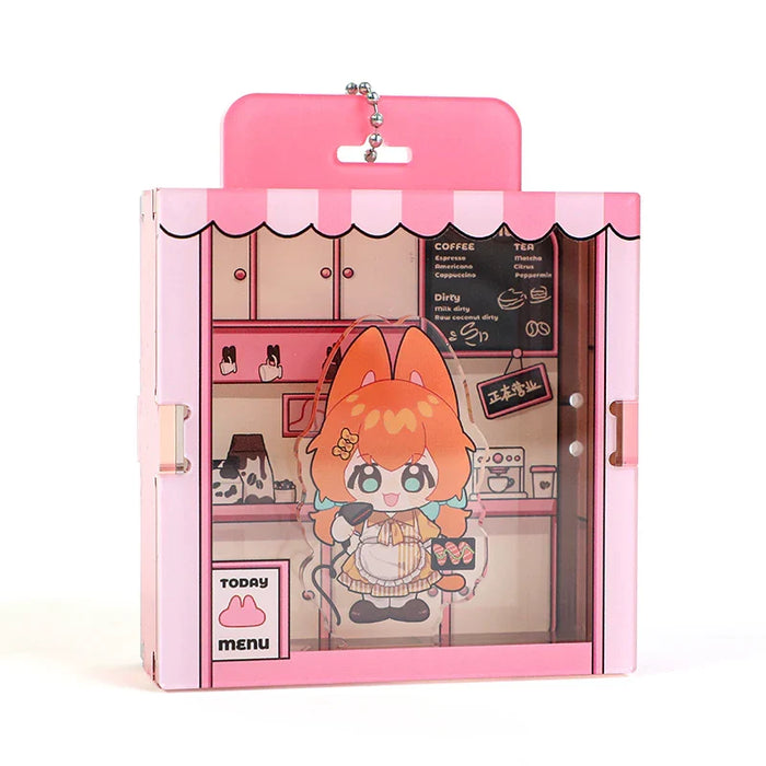 Custom acrylic display case with pink café design and anime character charm inside.