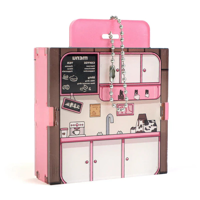 Custom acrylic display case with pink kitchen design and ball chain for charms or keychains