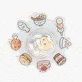 Animated acrylic keychain featuring cute cartoon food illustrations like noodles, cake, and burger.