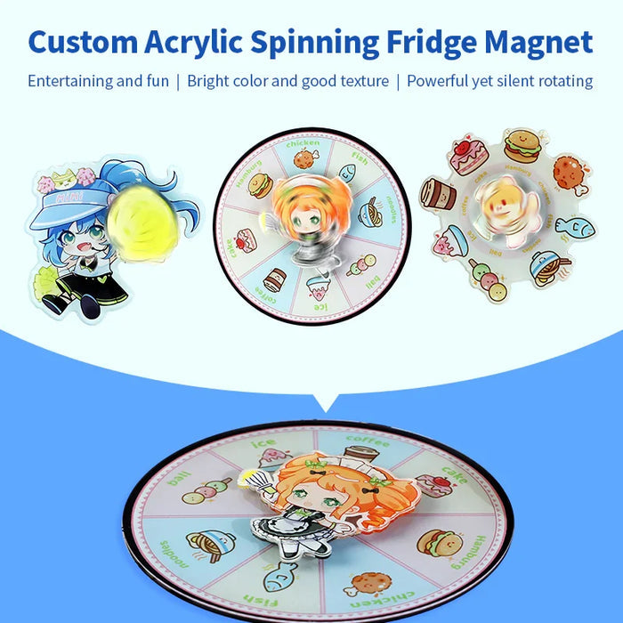 Custom acrylic spinning fridge magnets featuring colorful anime characters and food designs