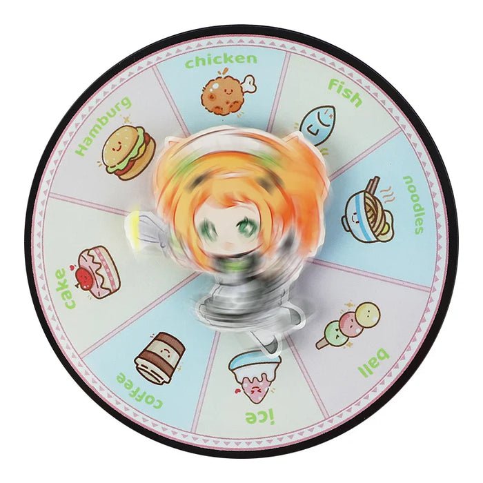 Cute spinning acrylic anime figure on colorful food-themed decision wheel with cartoon icons