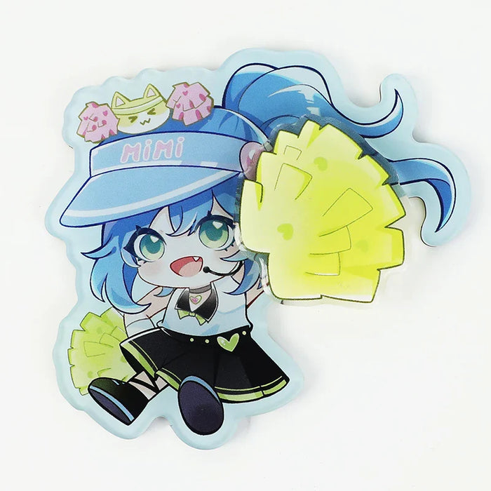 Cute anime cheerleader acrylic keychain with blue hair, yellow pom-poms, and Mimi cap.