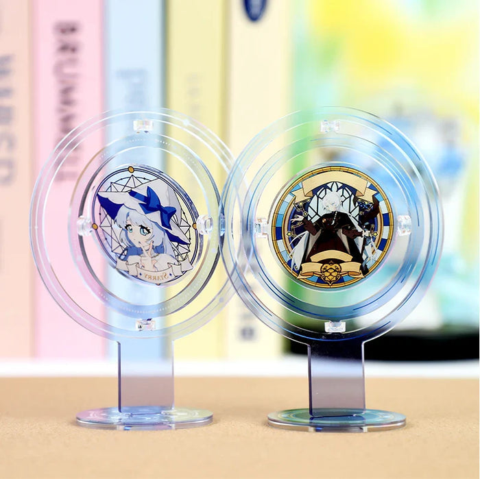 Custom acrylic halo display standees with colorful anime characters on a desk