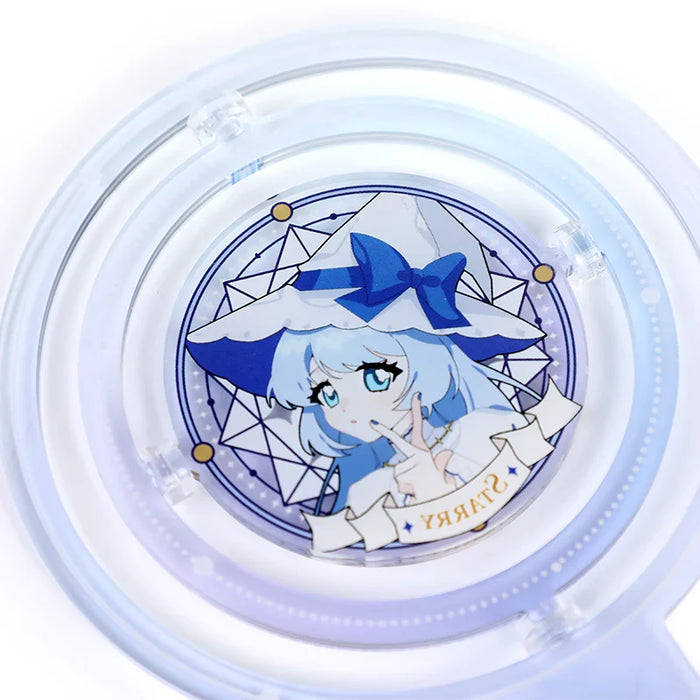 Custom acrylic halo display standee featuring blue-haired anime girl with witch hat