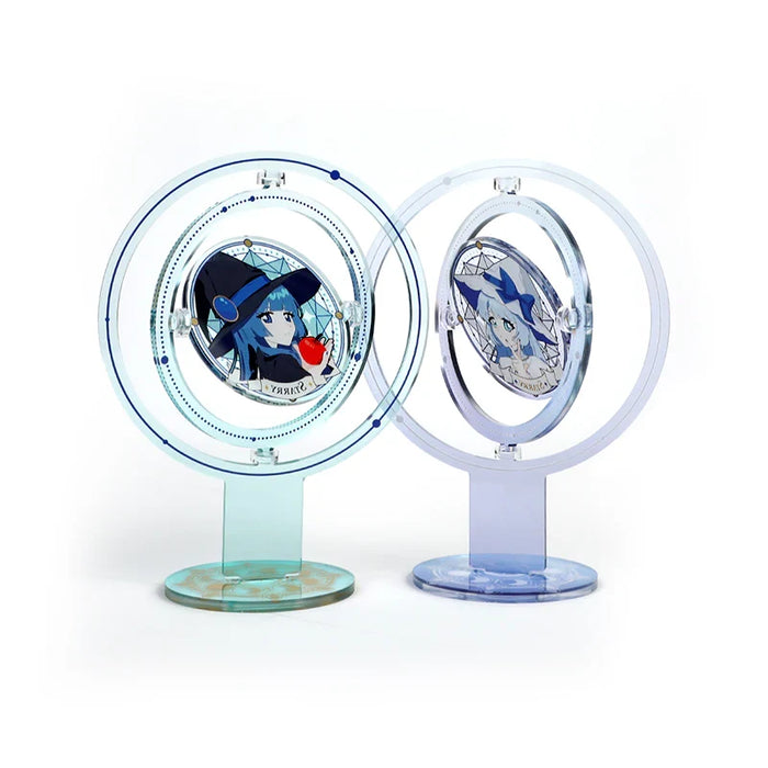 Custom acrylic anime halo display standees with blue character art, circular base