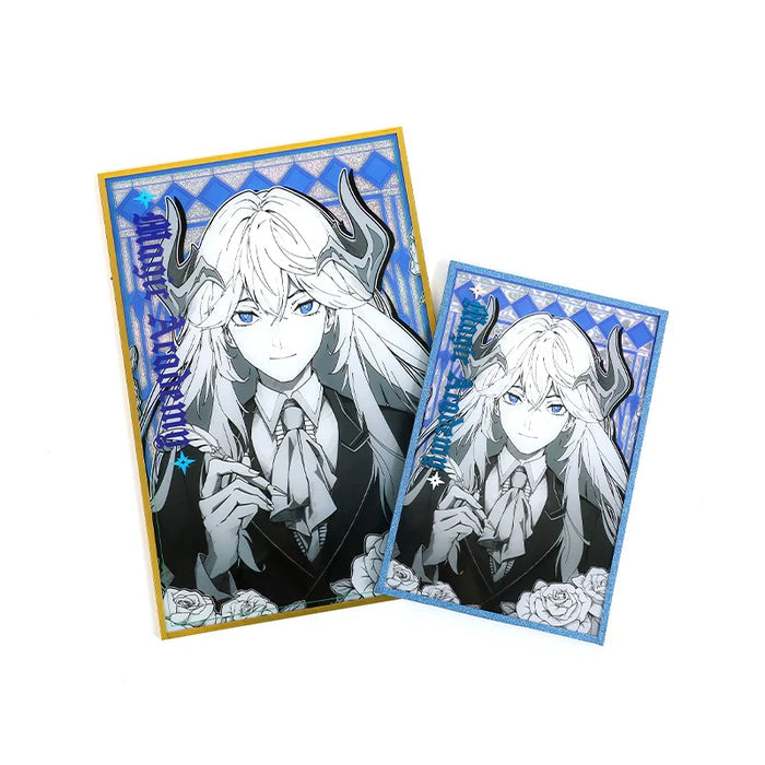 Custom acrylic holographic shikishi art boards featuring anime-style character with horns and floral accents