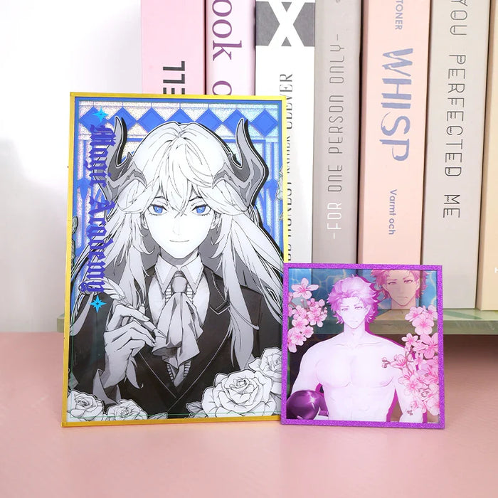 Custom acrylic holographic shikishi art boards with anime characters in front of books