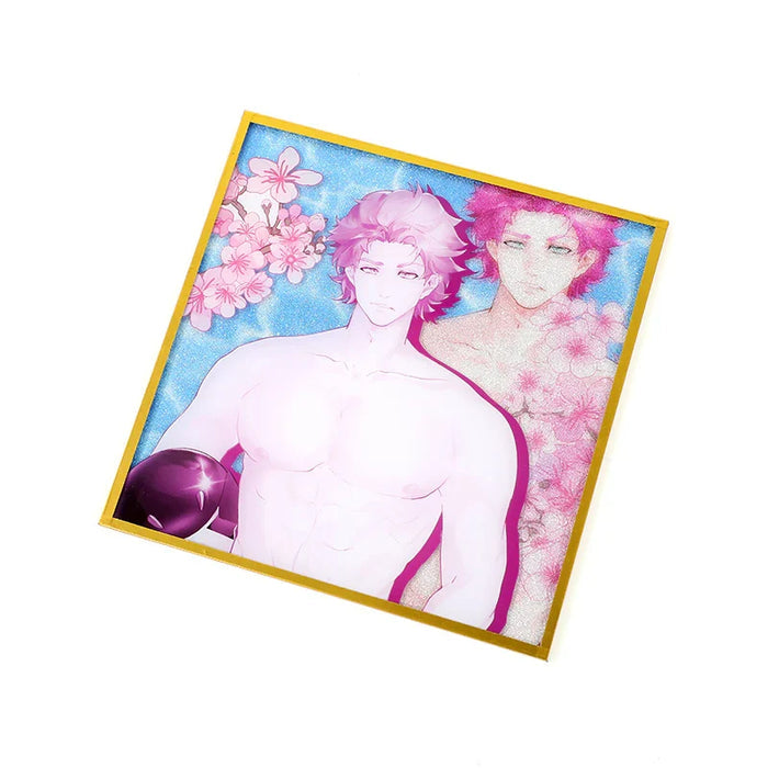 Custom acrylic holographic art board featuring anime-style muscular character and floral background