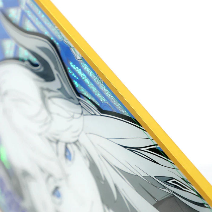 Close-up of custom acrylic holographic shikishi art board with yellow edge and anime design