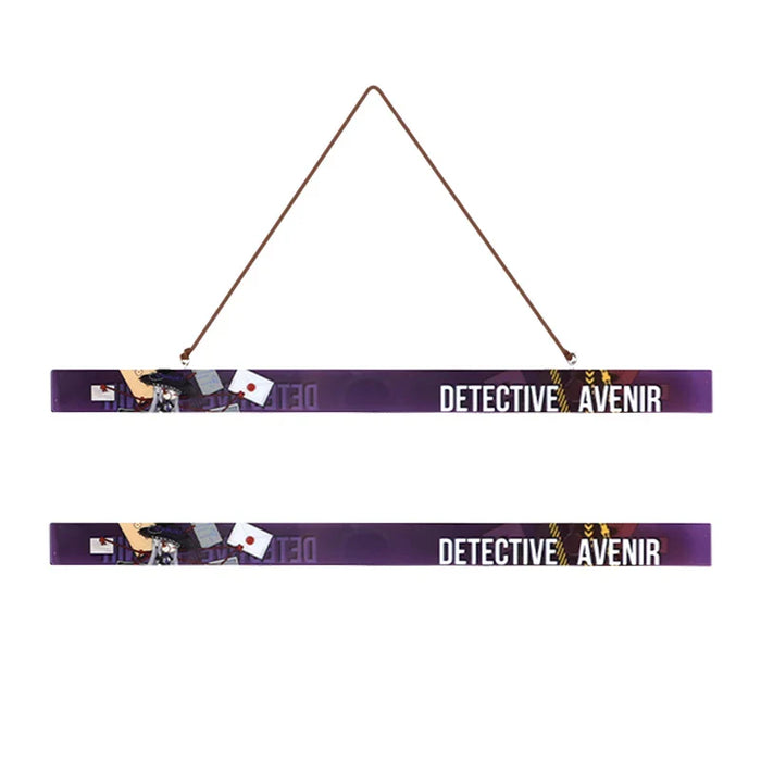 Custom acrylic magnetic poster hangers with purple graphic design and DETECTIVE AVENIR text.