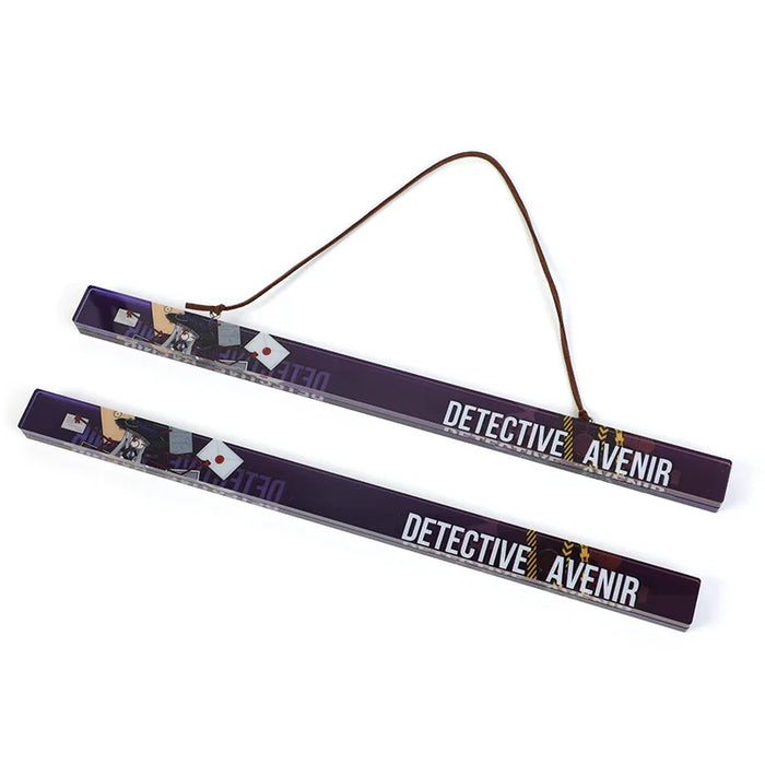 Custom acrylic magnetic poster hangers with 'DETECTIVE AVENIR' text, brown hanging cord