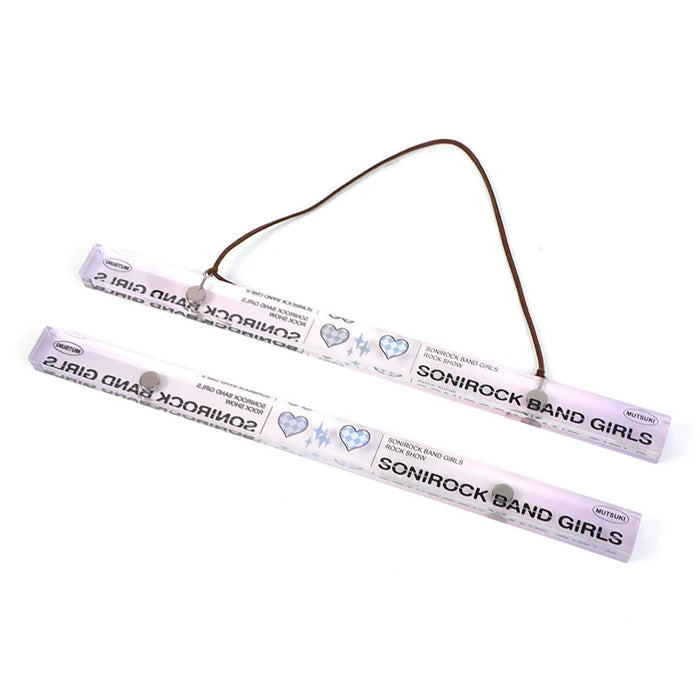 Custom acrylic magnetic poster hangers with decorative text and heart graphics, brown cord attached