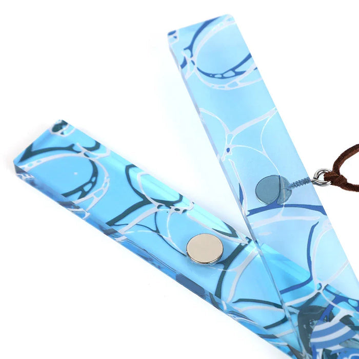 Custom acrylic magnetic poster hangers with blue and white abstract pattern, close-up view.