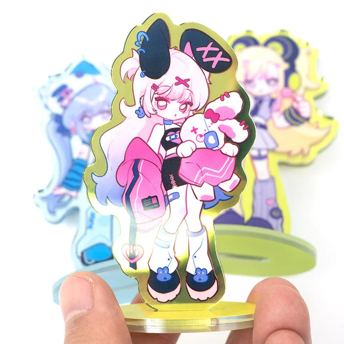 Custom acrylic mirror standee featuring colorful anime girl with bunny ears and plush toy