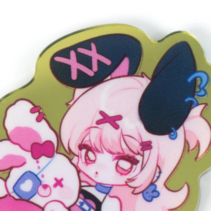 Custom acrylic mirror standee featuring pastel anime girl with large black bunny ears and plush bear