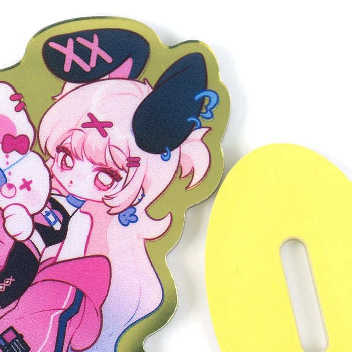 Custom acrylic mirror standee with colorful anime character art and yellow base