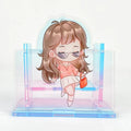 Custom acrylic pen holder with anime-style girl, pastel gradient stand, and clear background