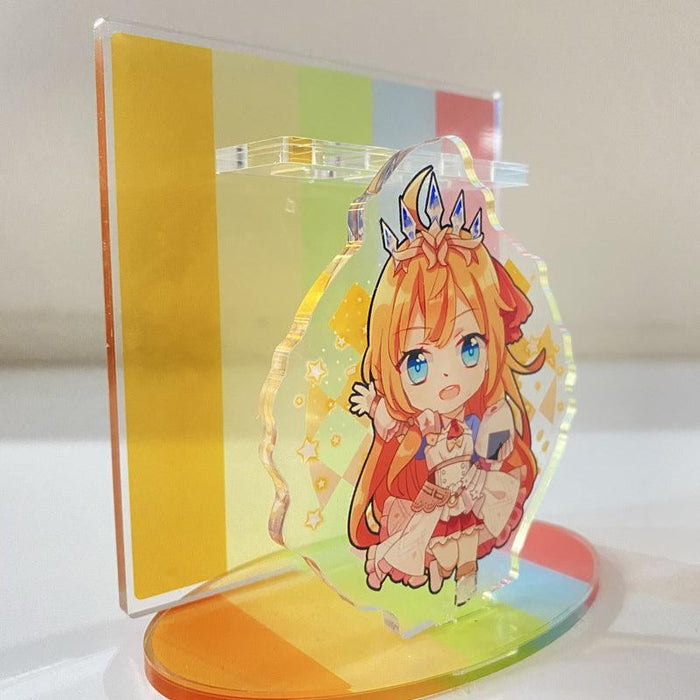Custom acrylic pen holder with colorful stripes and cute anime-style character design.