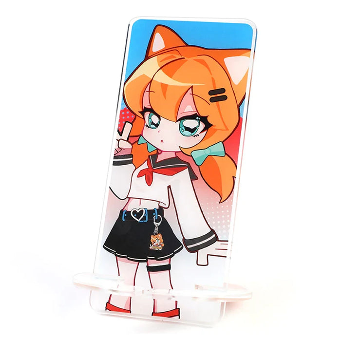 Custom acrylic phone holder with colorful anime girl design, cat ears, and pigtails.