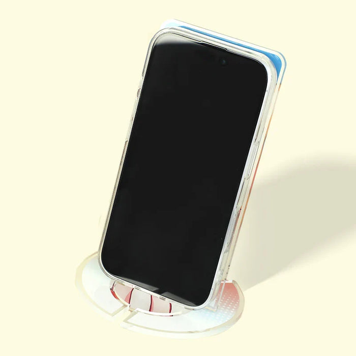 Custom acrylic phone holder with smartphone on white background