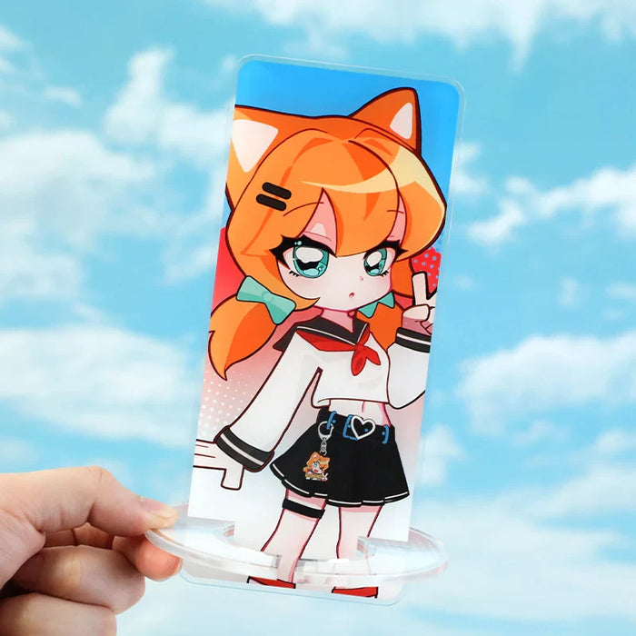 Custom acrylic phone holder featuring cute anime girl with orange hair and cat ears design
