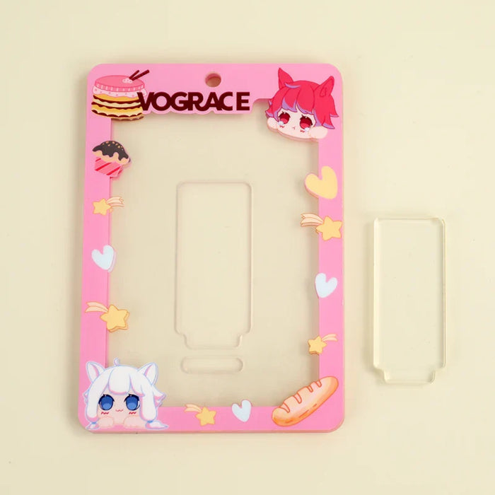 Custom pink acrylic photocard holder with anime character, sweets, hearts, and stars design.