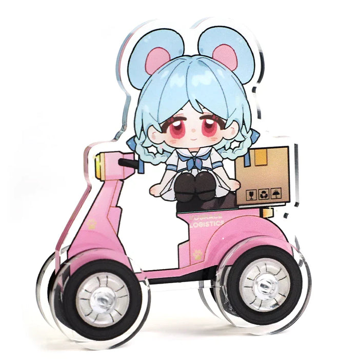 Custom acrylic scooter toy featuring an anime-style character with blue hair and pink scooter.