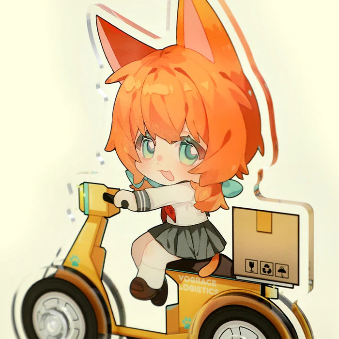 Custom acrylic keychain featuring anime-style fox girl riding scooter with package