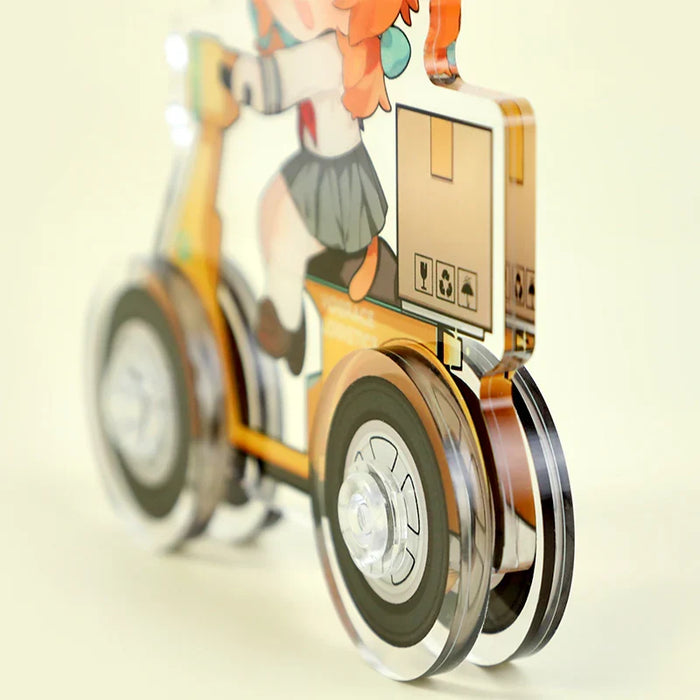 Custom acrylic scooter toy featuring anime character cutout with clear wheels