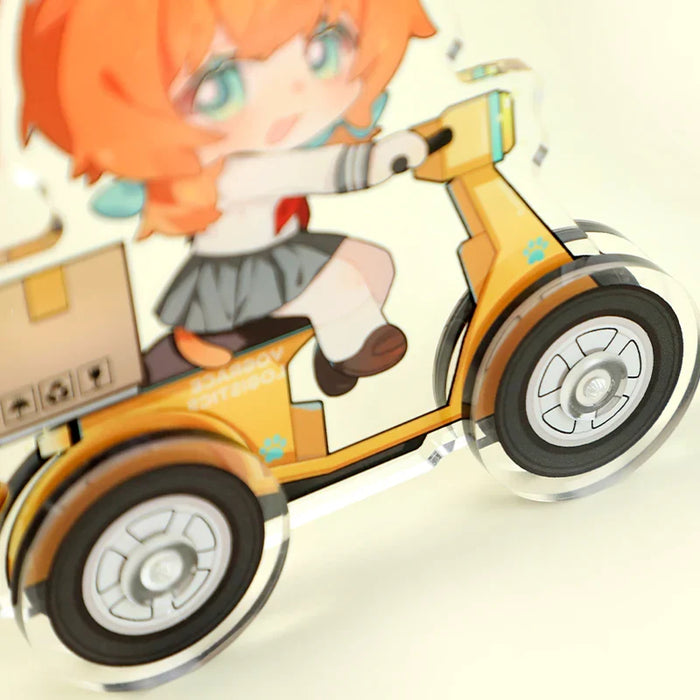 Custom acrylic toy featuring anime-style character riding a yellow scooter with movable wheels