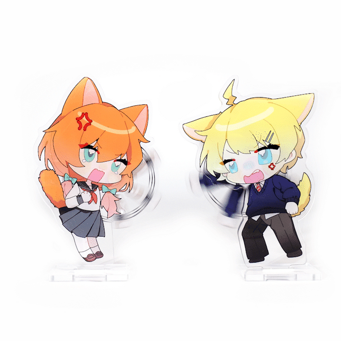 Custom acrylic double rotating standees featuring anime-style fox characters in school uniforms