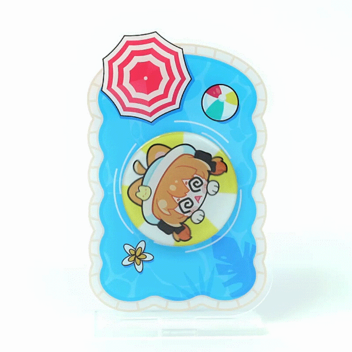 Custom acrylic double rotating standee with cartoon character in swimming pool, beach ball, and umbrella.
