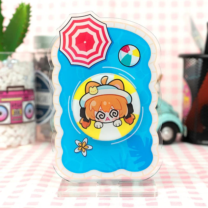 Custom acrylic standee with cartoon girl, beach ball, and umbrella on blue summer background