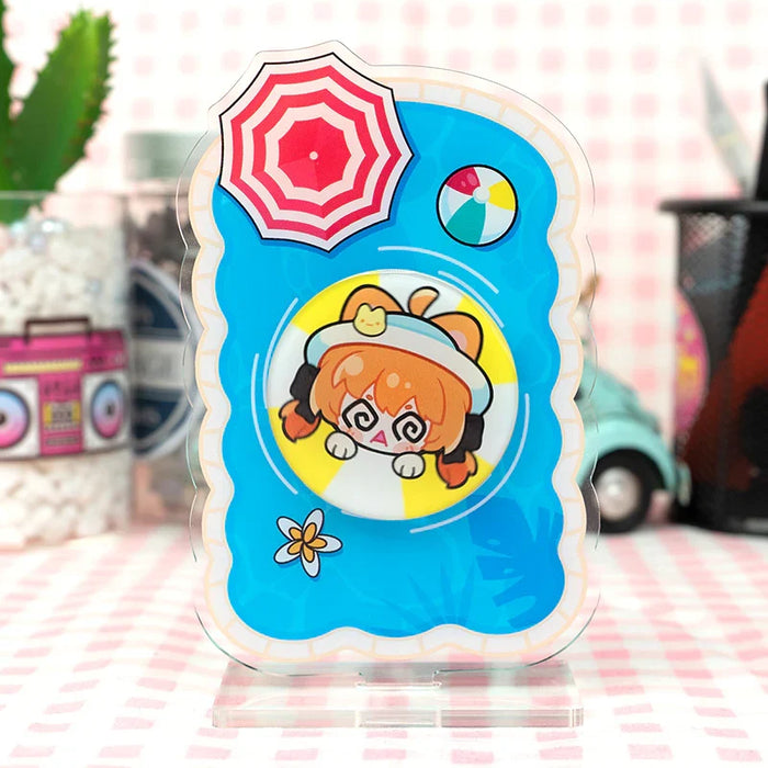Custom acrylic rotating standee featuring cute anime character in a pool float with summer theme