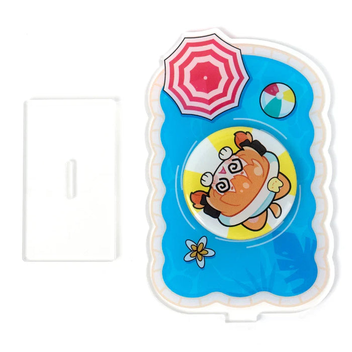 Custom acrylic standee with cartoon dog in pool, beach umbrella, and beach ball design