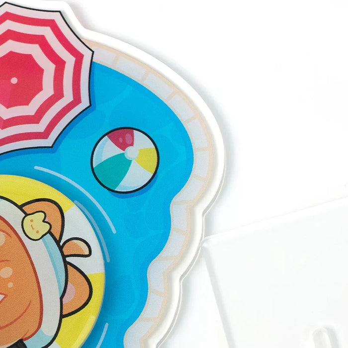 Custom acrylic standee with cartoon pool design, beach ball, and umbrella