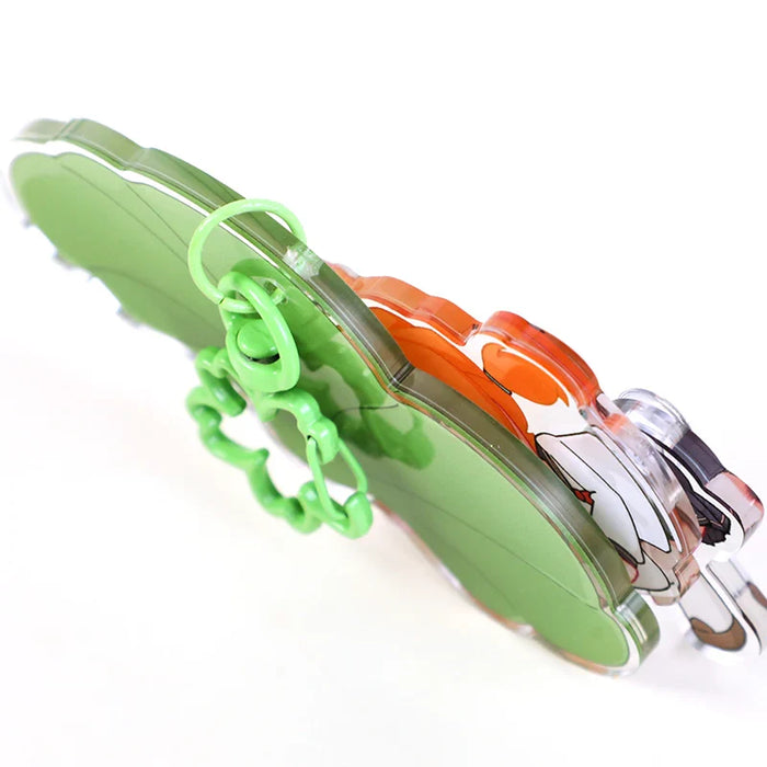 Stack of custom acrylic swing keychains with colorful designs and a green chain