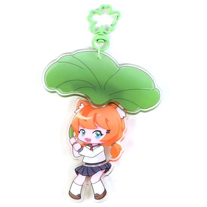 Custom acrylic anime keychain featuring a chibi girl holding a large green leaf