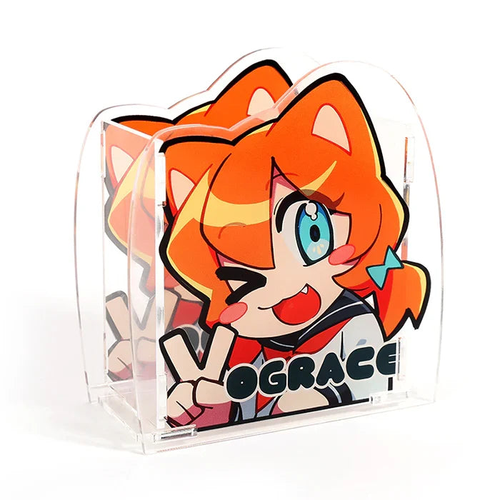 Acrylic pen holder with colorful anime cat girl design, ideal for desk organization.