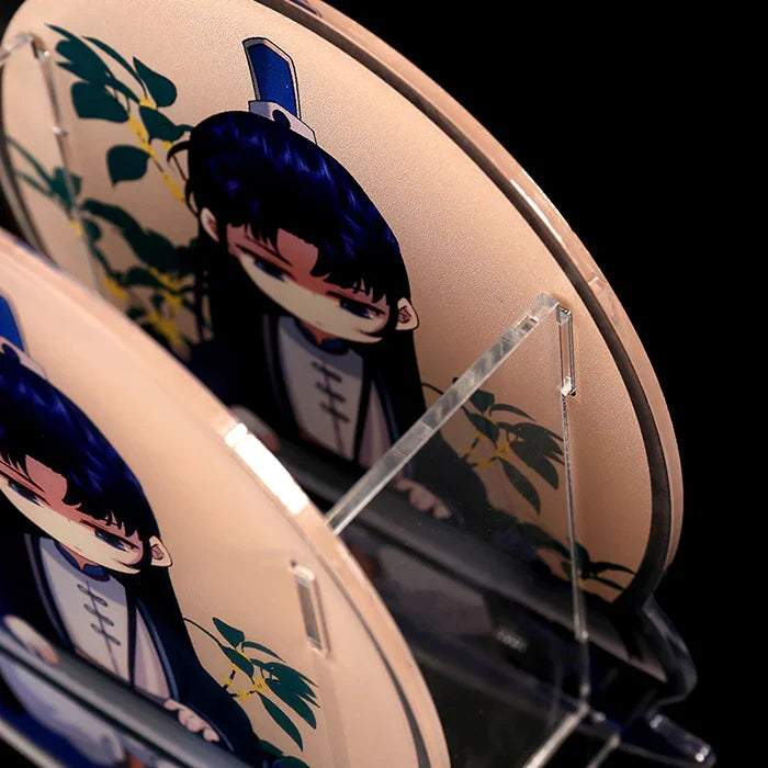 Custom acrylic pen holder with cartoon character and plant design, close-up view