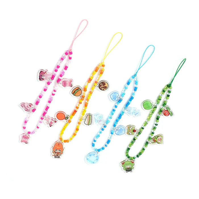 Colorful beaded acrylic phone charms with cute cartoon character and food designs