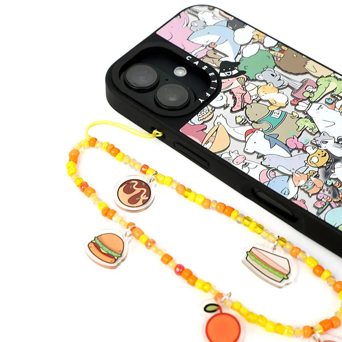 Custom beaded acrylic phone charm with food-themed charms on a phone case with cute animal art