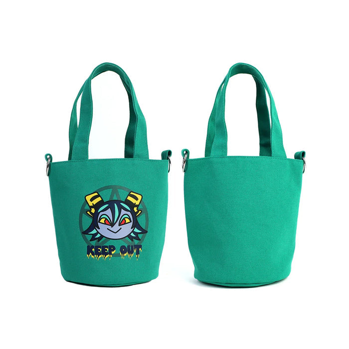 Custom green canvas bucket bags with cartoon character print and 'KEEP OUT' text, front and back view