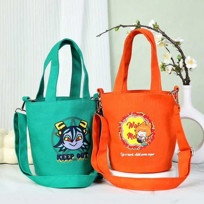 Custom canvas bucket bags with colorful cartoon designs, adjustable straps, and floral decor