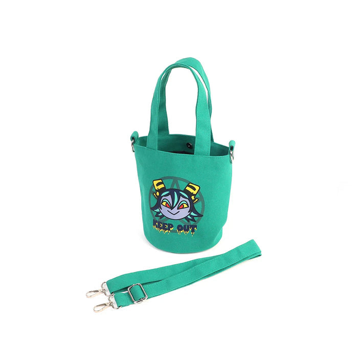 Green custom canvas bucket bag with cartoon character print and detachable shoulder strap