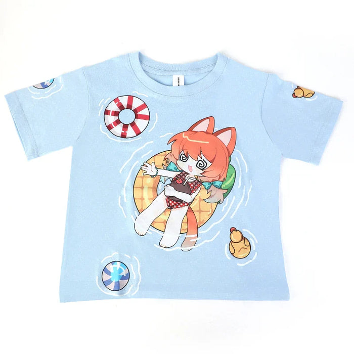 Light blue kids cotton t-shirt with anime cat girl, lifebuoy, duck, and pool float print