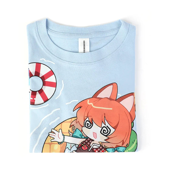 Light blue children's cotton t-shirt with cute anime fox character and pool float print