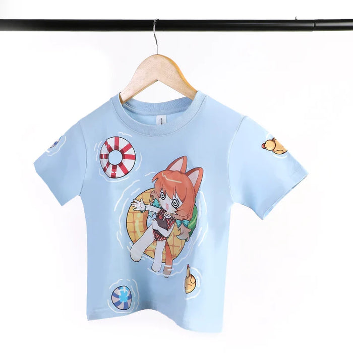 Light blue children's cotton t-shirt with cute anime style fox character and beach float print