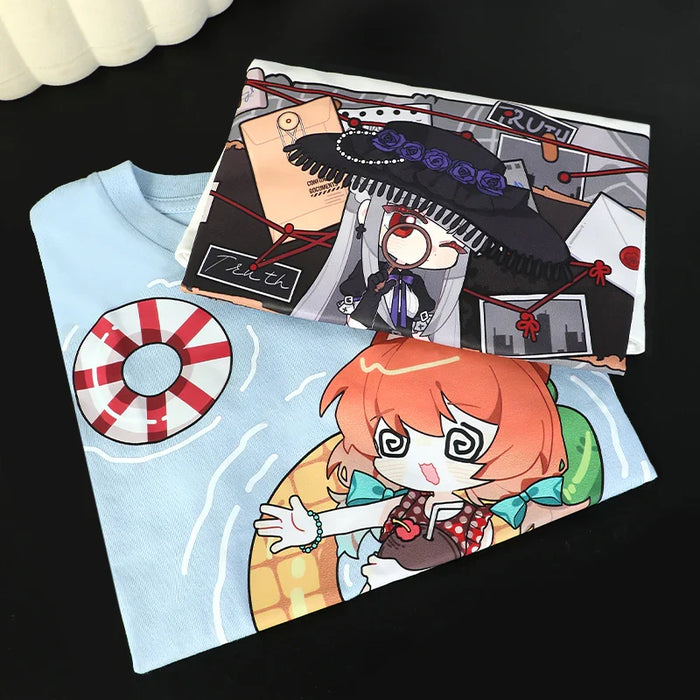 Custom cotton t-shirts with colorful anime cartoon character prints, folded on black surface.