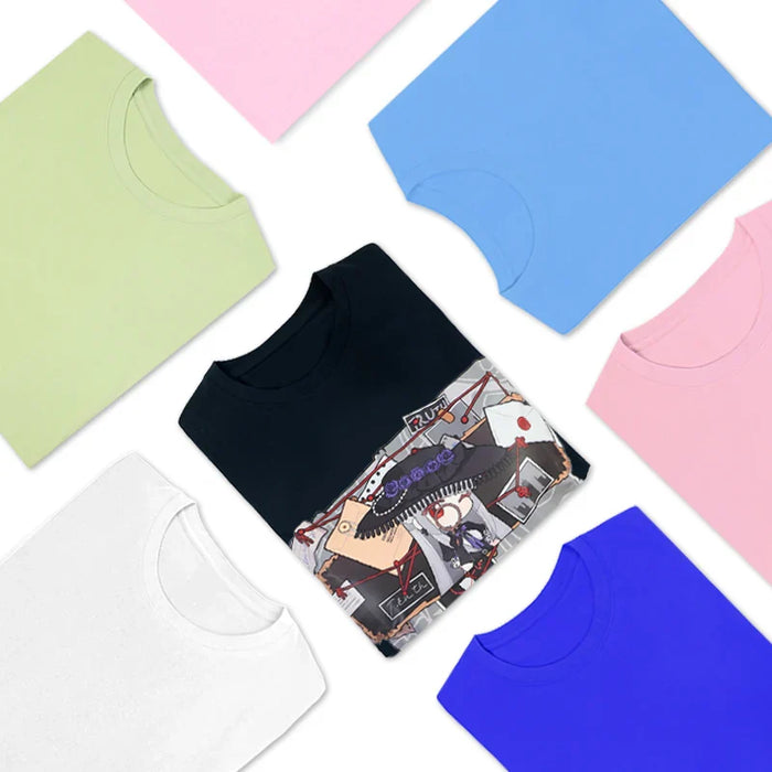 Assorted custom children's cotton T-shirts in pastel and bold colors, one with anime print